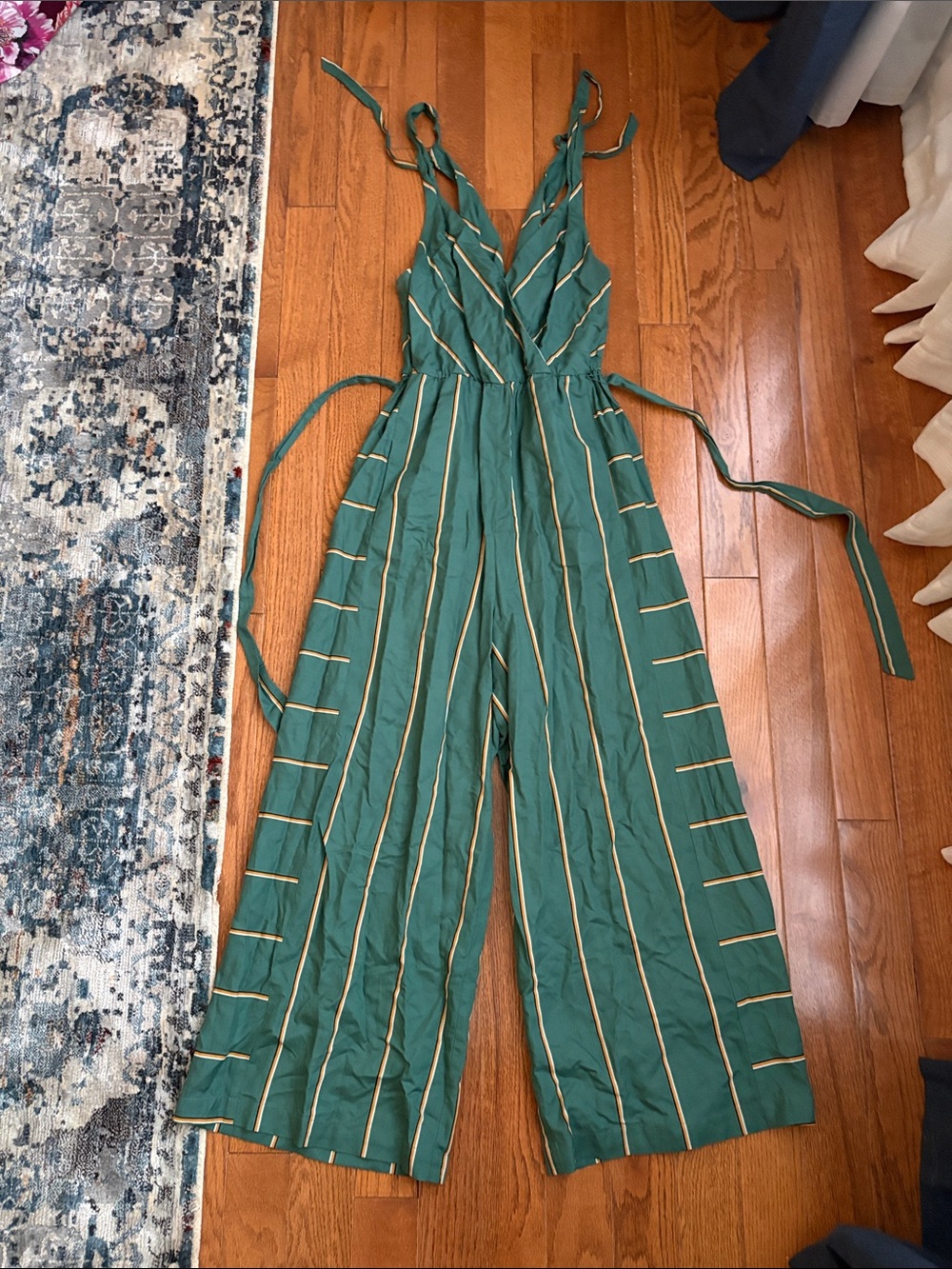 Anthropologie Teal Green Striped Wrap Jumpsuit